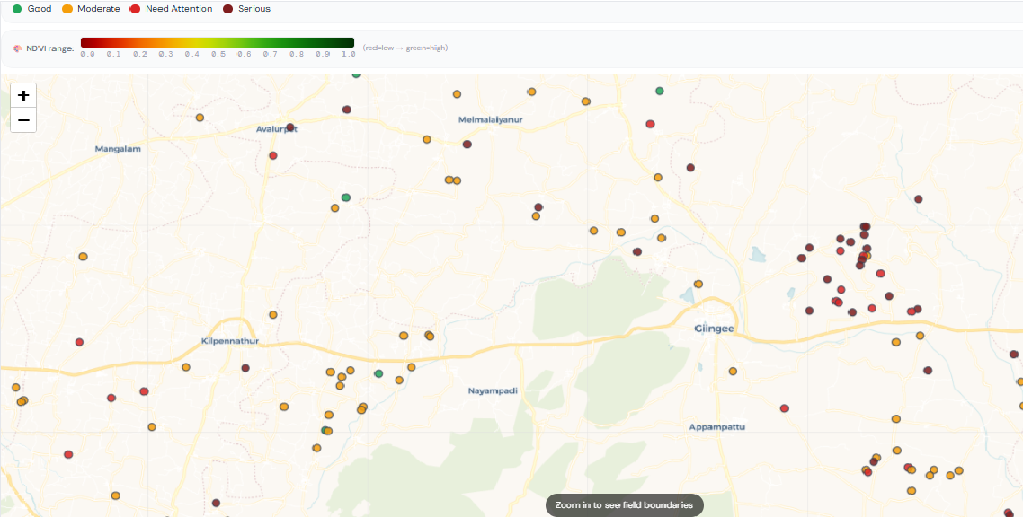 Web dashboard field map with crop health markers across mapped plots