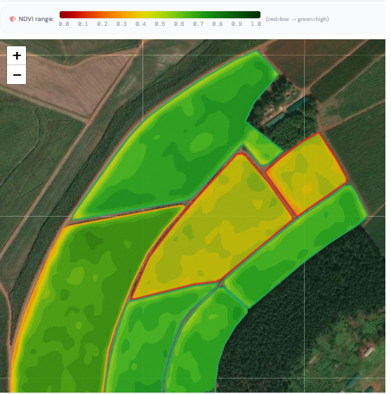 NDVI map showing field crop health from low red to high green