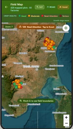 Mobile app Field Map showing mapped plots by health status on satellite view