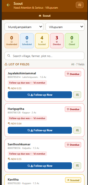 Mobile Scout screen listing Need Attention and Serious fields with overdue follow-ups